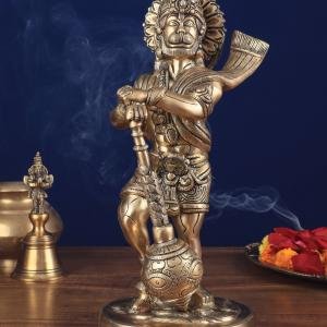 Pure Brass Bahubali Hanuman Statue | 14" x 7" x 6" (35.6 x 17.8 x 15.2 cm) | 6.58 kg Mighty Divine Form | Premium Sacred Art | Temple Grade